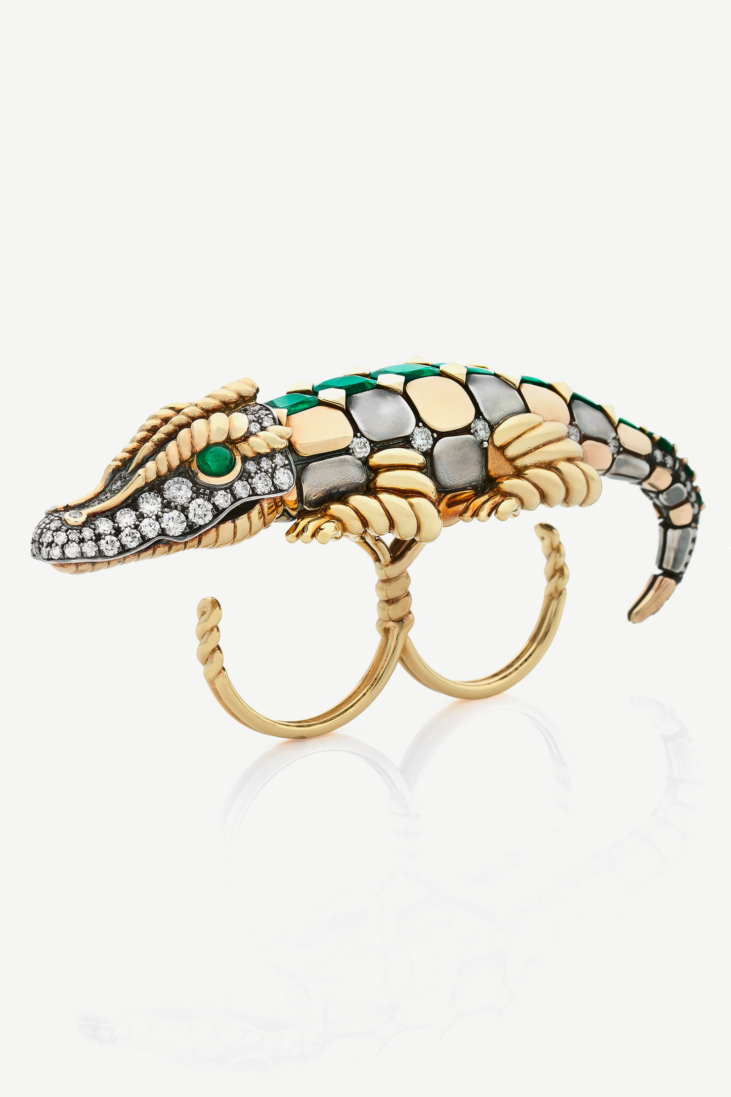 bague crocodile diamant emeraude double doigts