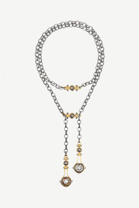 Elie Top Sautoir Deux Gouttes Diamants et Perle Mécaniques Célestes