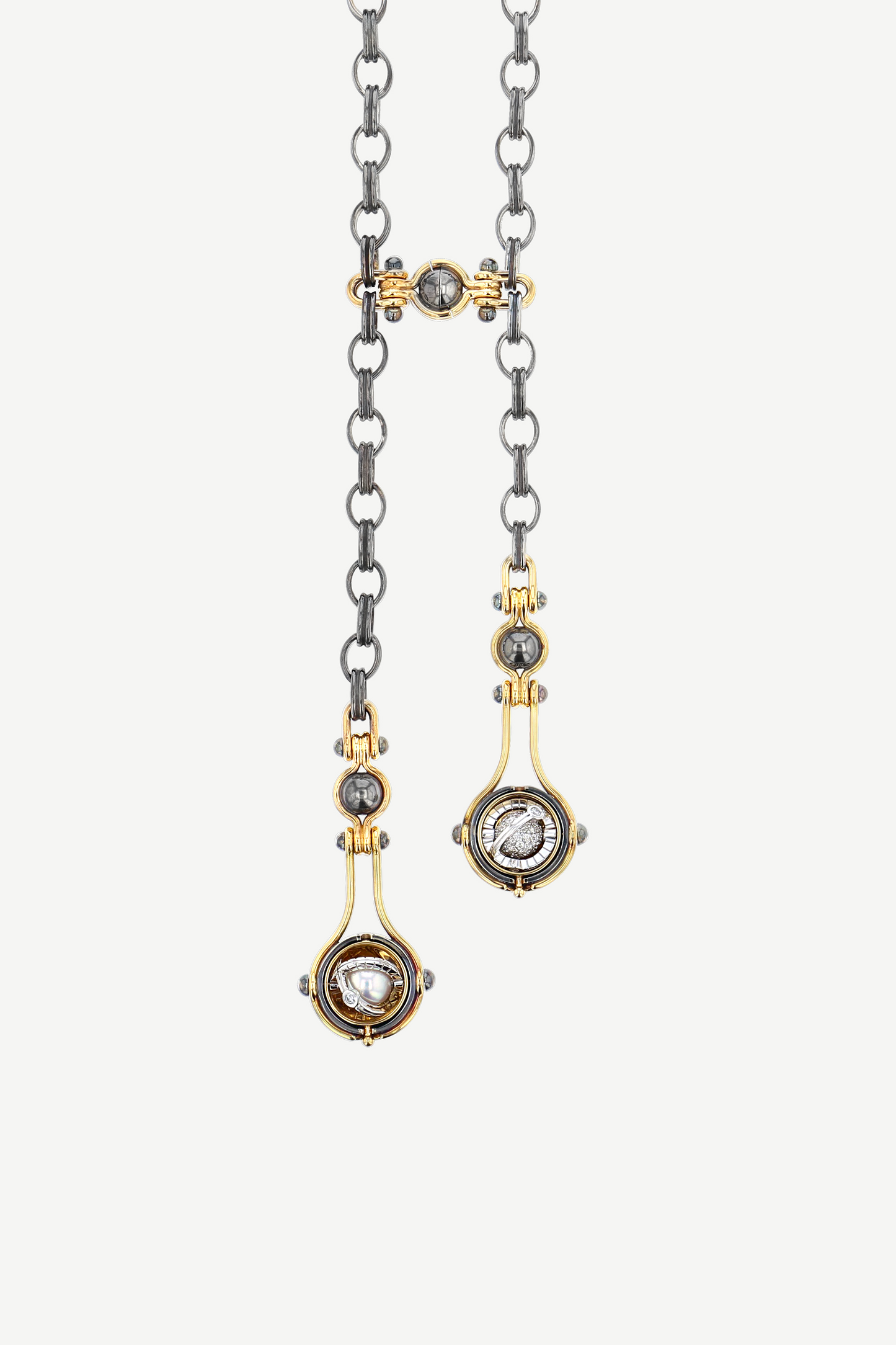 Elie Top Sautoir Deux Gouttes Diamants et Perle Mécaniques Célestes