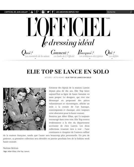 « Elie Top se lance en solo » L’Officiel Paris 2014