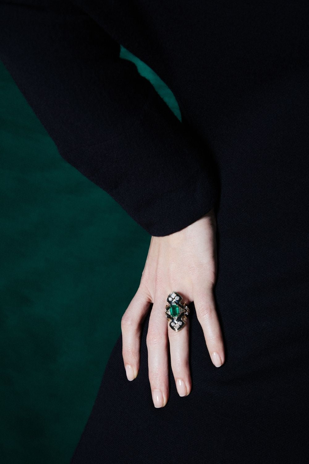 Elie Top Bague Bouclier Emeraudes Diamants Portée
