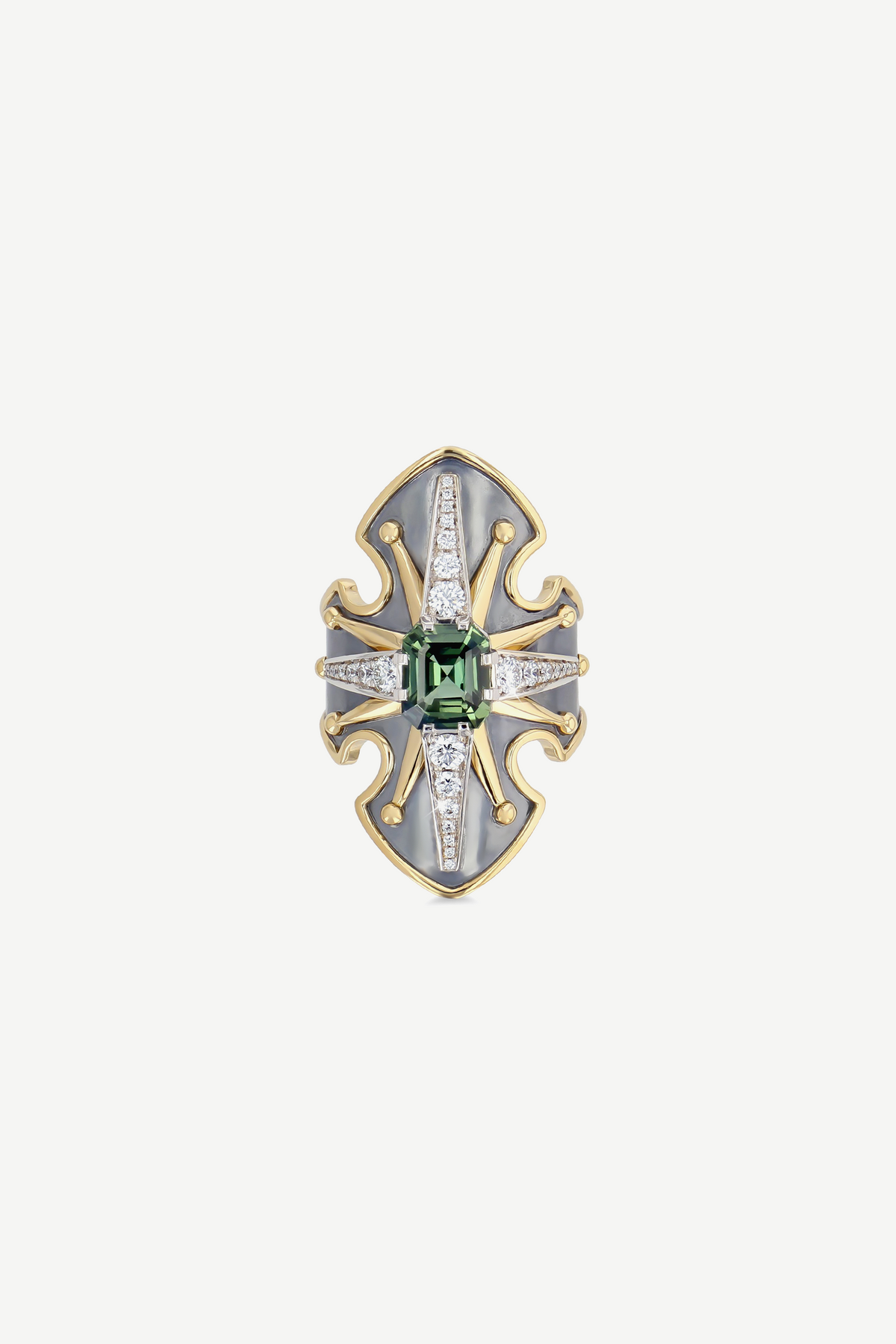 Elie Top Bague Bouclier Saphir Vert La Dame du Lac