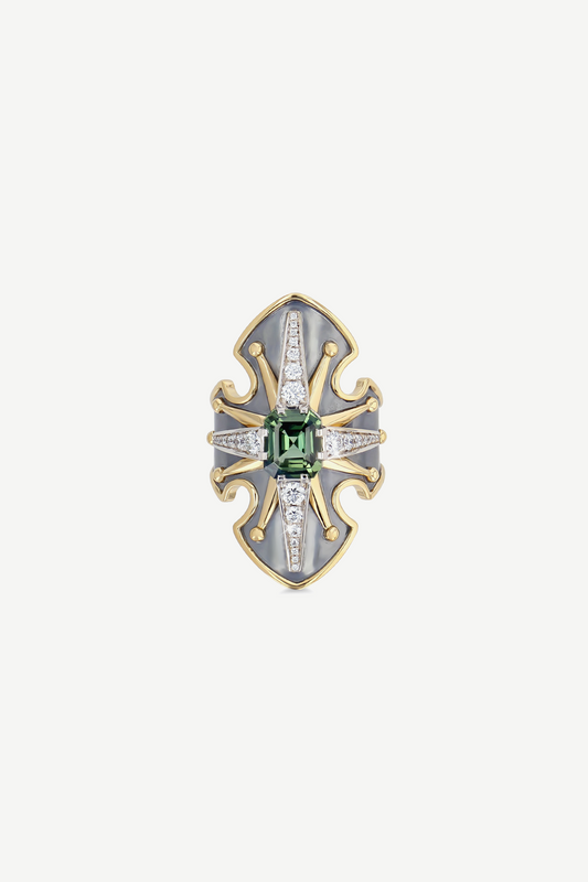 Elie Top Bague Bouclier Saphir Vert La Dame du Lac