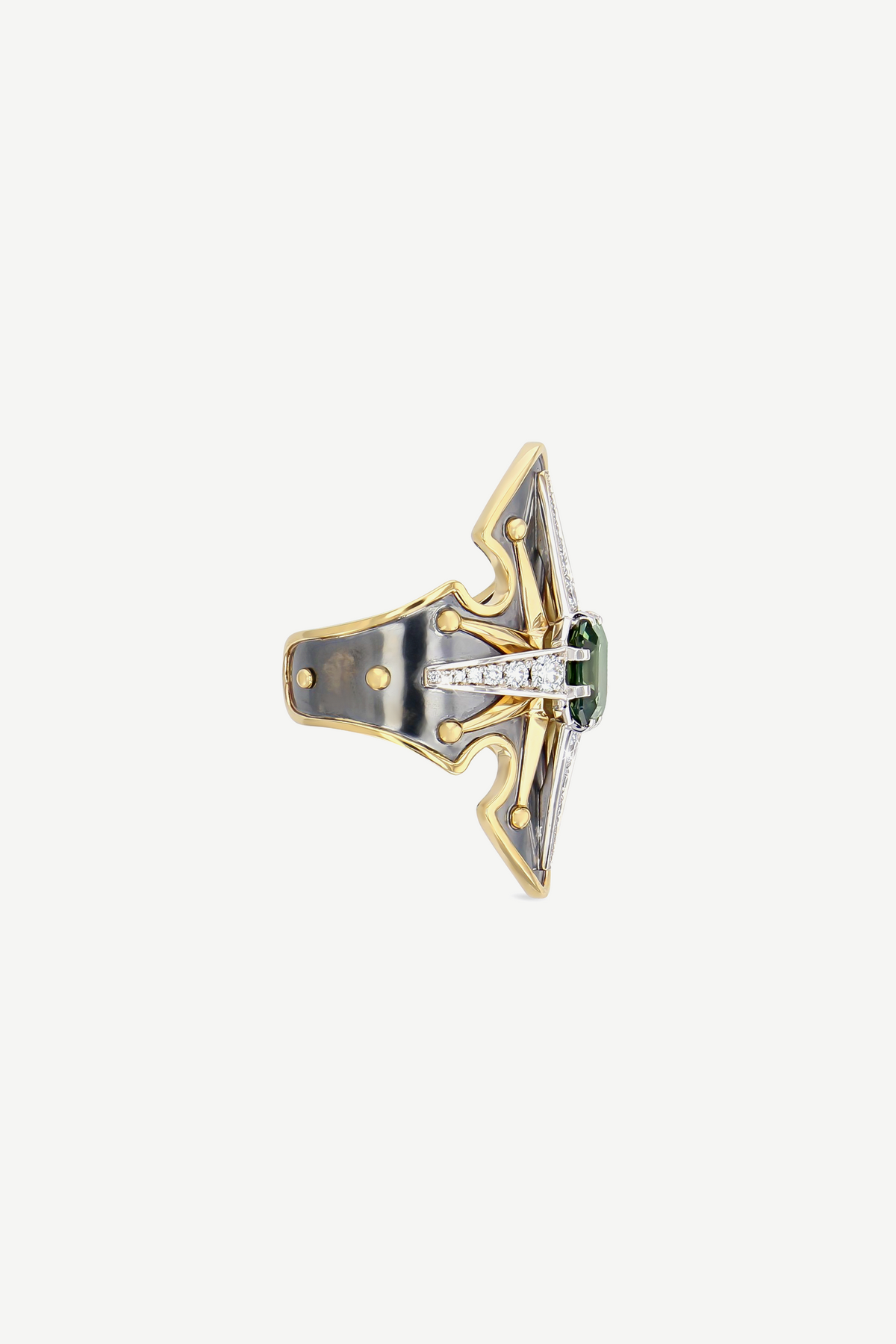 Elie Top Bague Bouclier Saphir Vert La Dame du Lac