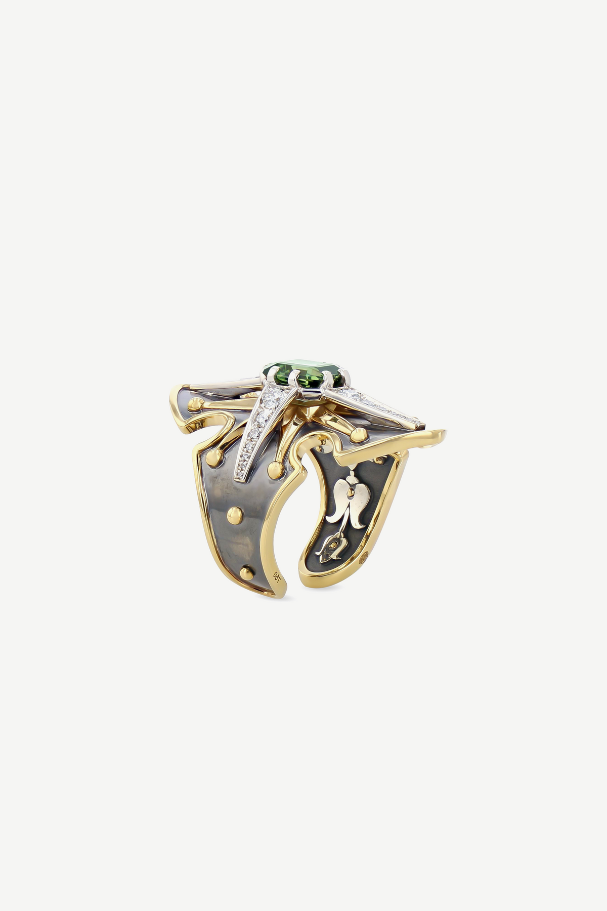 Elie Top Bague Bouclier Saphir Vert La Dame du Lac