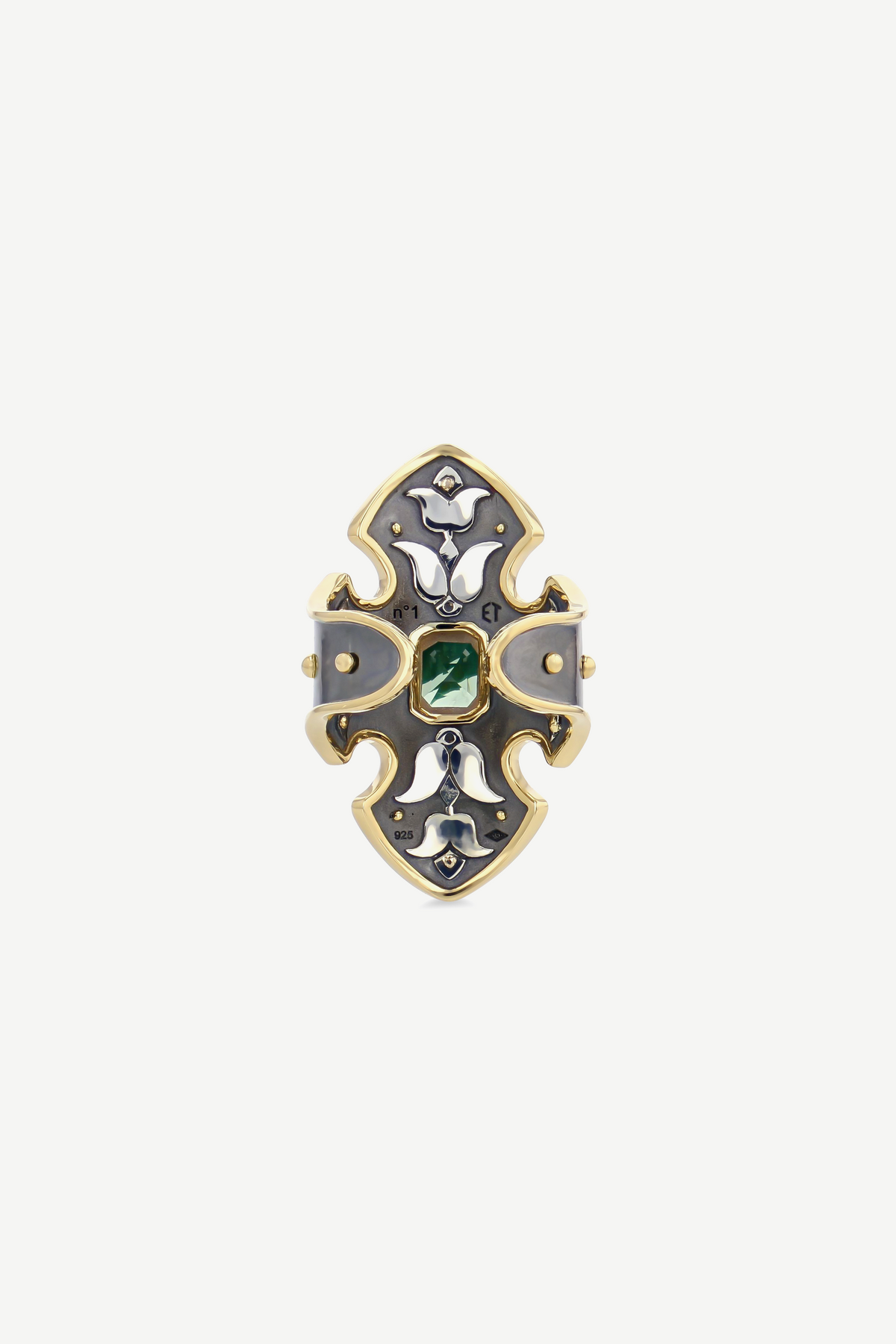 Elie Top Bague Bouclier Saphir Vert La Dame du Lac