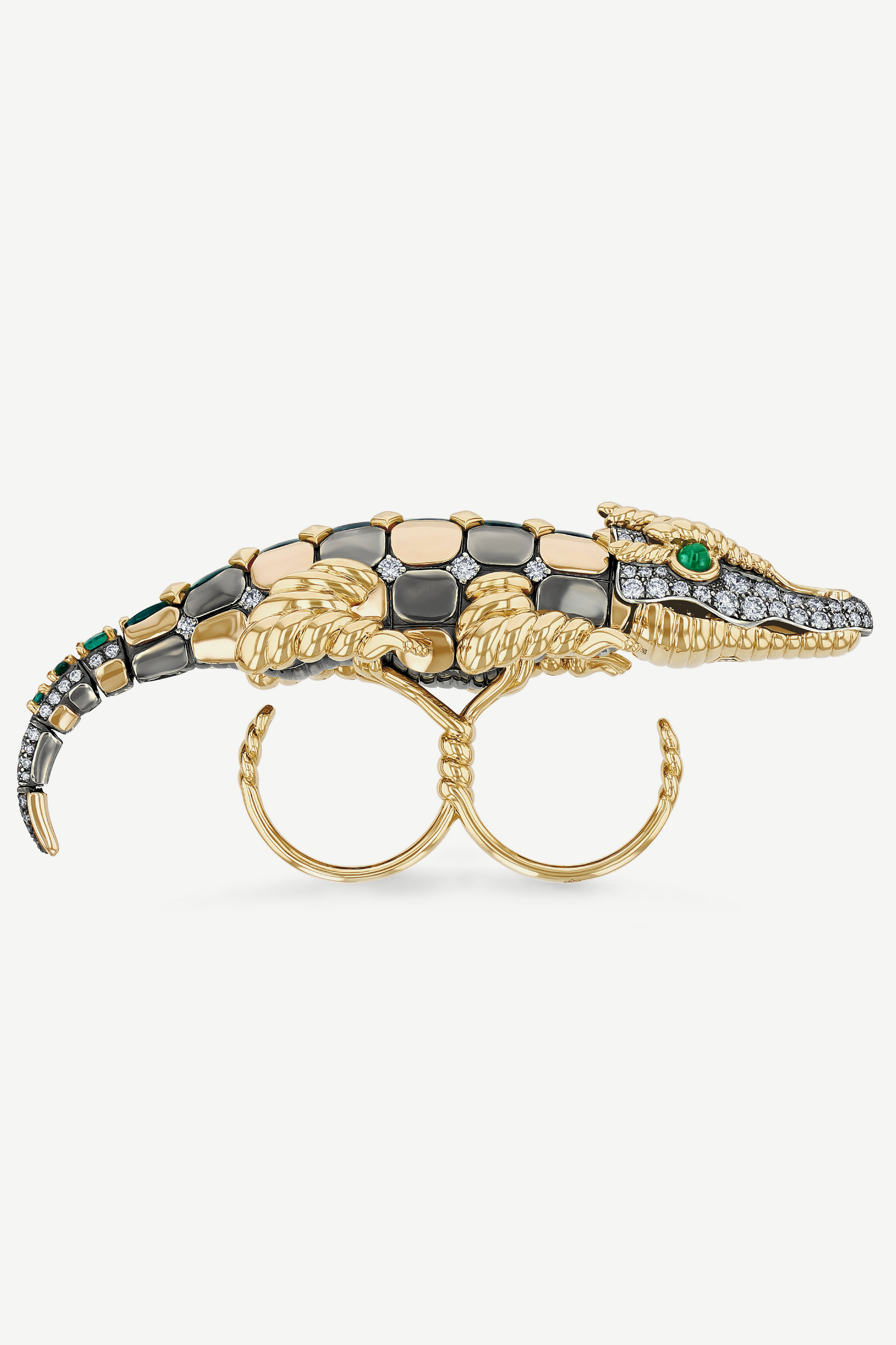 Elie Top Bague Double Doigt Crocodile Emeraudes Suiffées