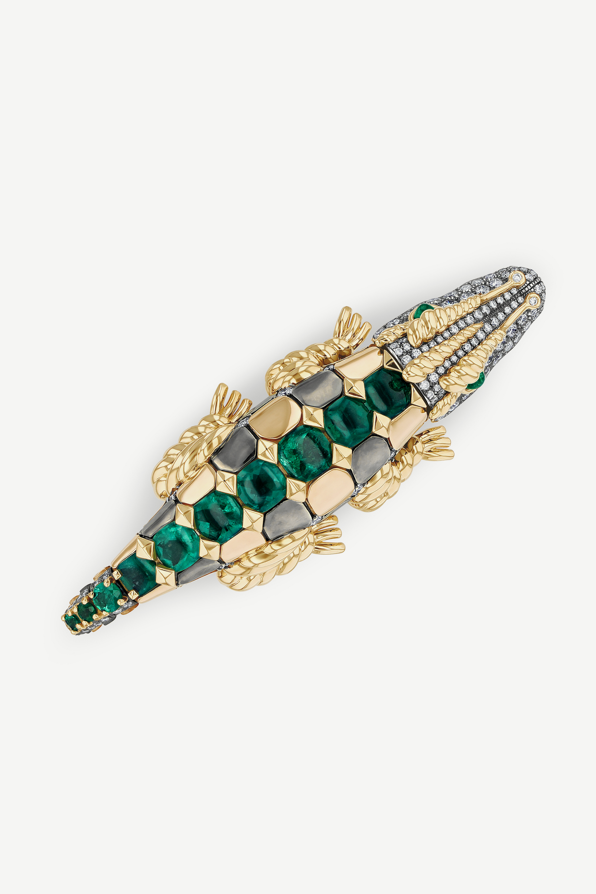 Elie Top Bague Double Doigt Crocodile Emeraudes Suiffées