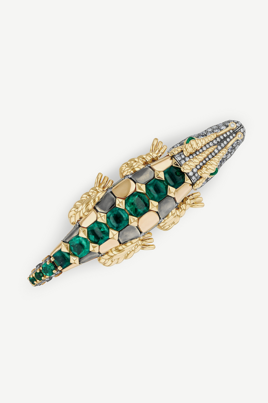 Elie Top Bague Double Doigt Crocodile Emeraudes Suiffées