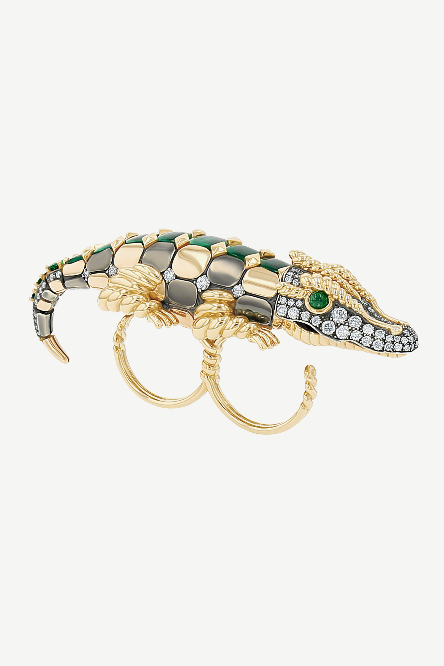 Bague Double Doigt Crocodile Emeraudes Suiffées