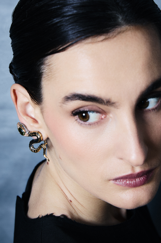 Elie Top Boucles d'Oreilles Serpent Aigue Marine & Peridot Magica Naturae